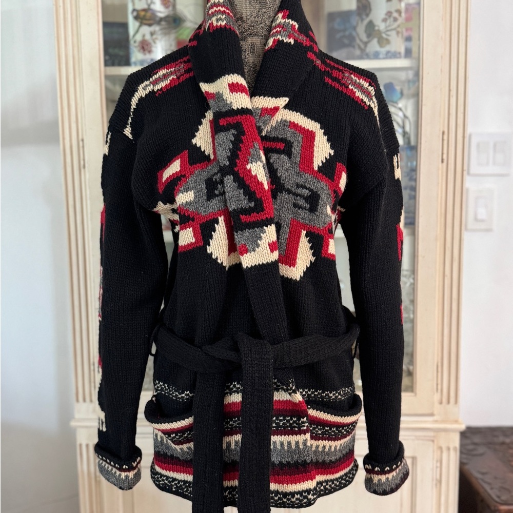 Ralph Lauren Navajo Vintage Black and Red Wool Hand Knit Cardigan
